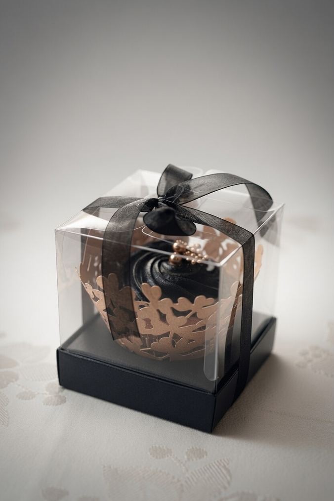 Single cupcake with a black buttercream swirl and gold beading in a laser-cut rose-gold wrapper, boxed in a clear gift box with a black organza bow, by Cake by O2 in Colombo