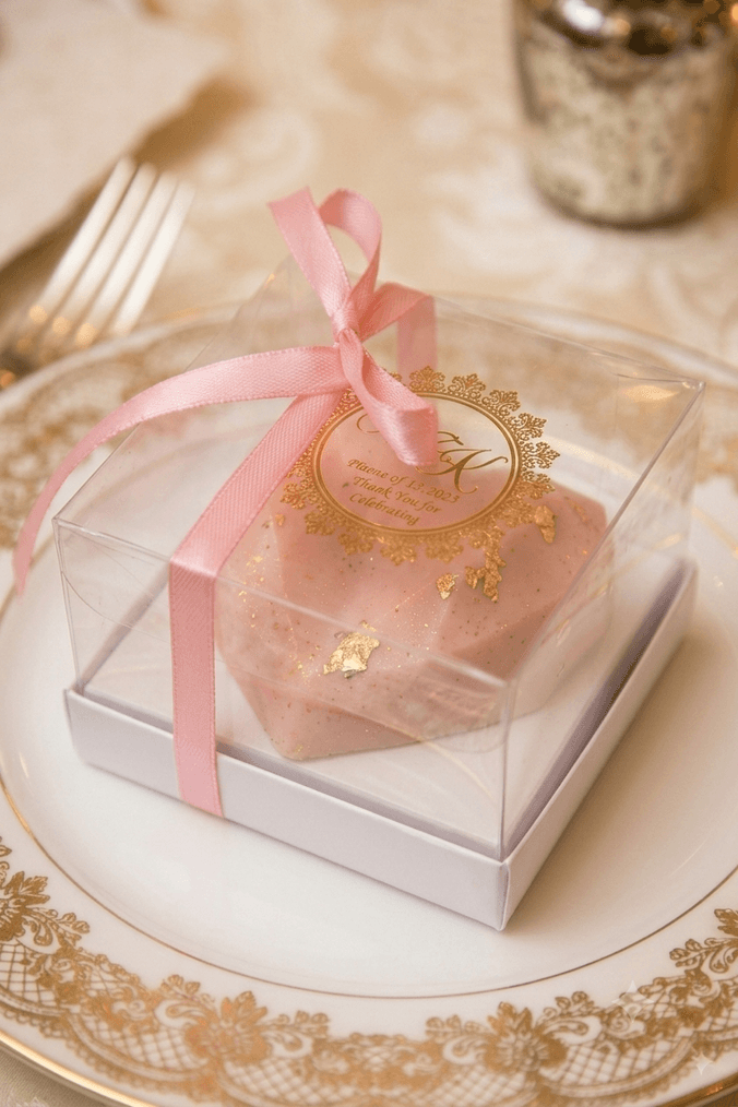Pink faceted wedding favour cake with gold-leaf flecks and a gold thank-you monogram, in a clear pink-ribboned gift box on a gold-rimmed plate