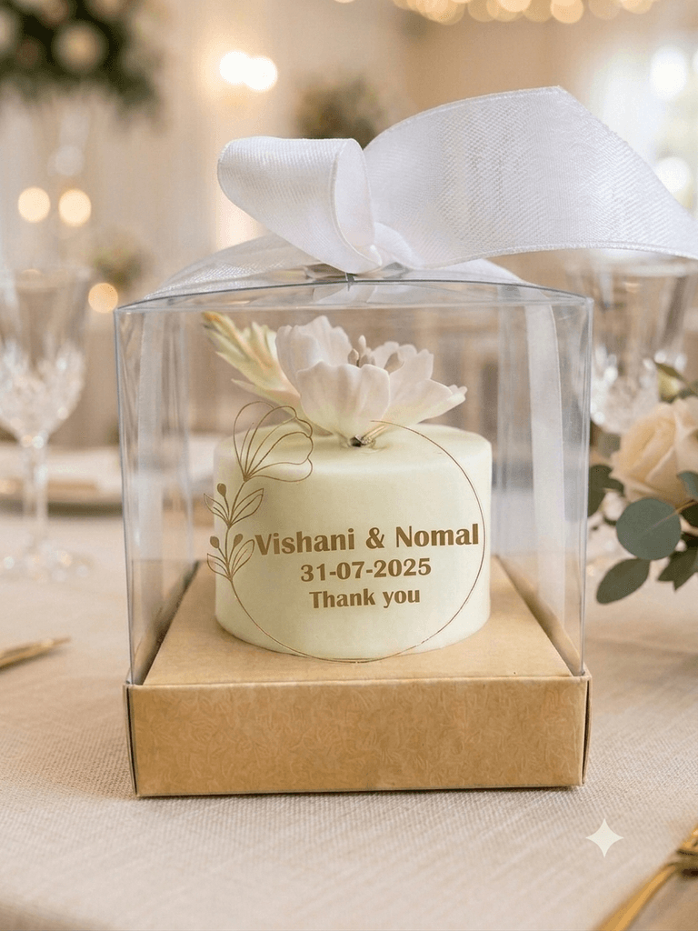 White personalised wedding favour cake with the couple's names and date printed in gold and a sugar flower on top, in a clear ribboned gift box on a kraft base