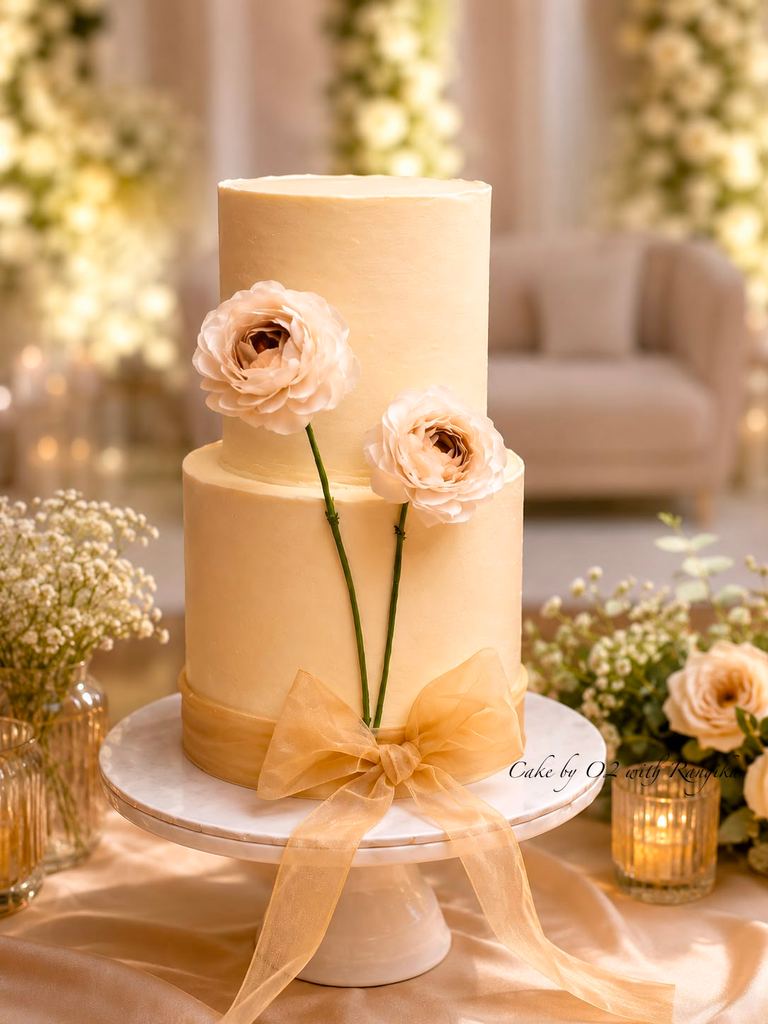 Two-tier buttercream wedding cake with blush roses and a gold organza bow on a marble stand, by Cake by O2 in Colombo
