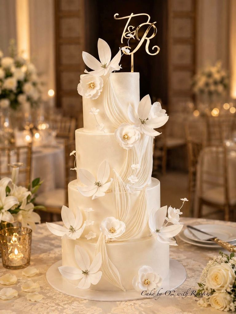 Four-tier ivory wedding cake with cascading white sugar flowers and a gold T&R monogram topper, by Cake by O2 in Colombo