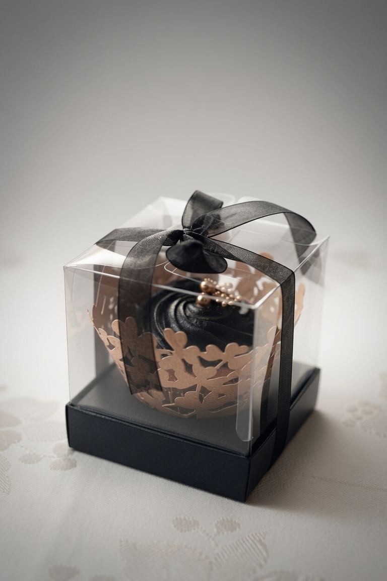 Single cupcake with a black buttercream swirl and gold beading in a laser-cut rose-gold wrapper, boxed in a clear gift box with a black organza bow, by Cake by O2 in Colombo