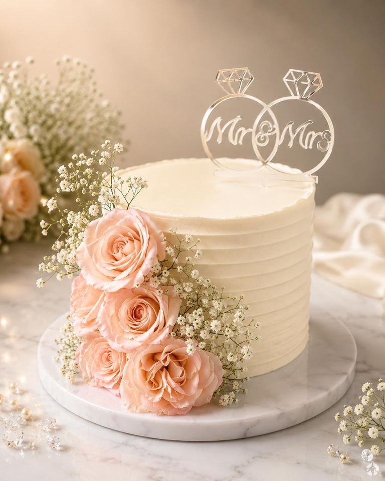 Single-tier ivory buttercream wedding cake with cascading blush roses, baby's breath and a silver Mr & Mrs ring topper