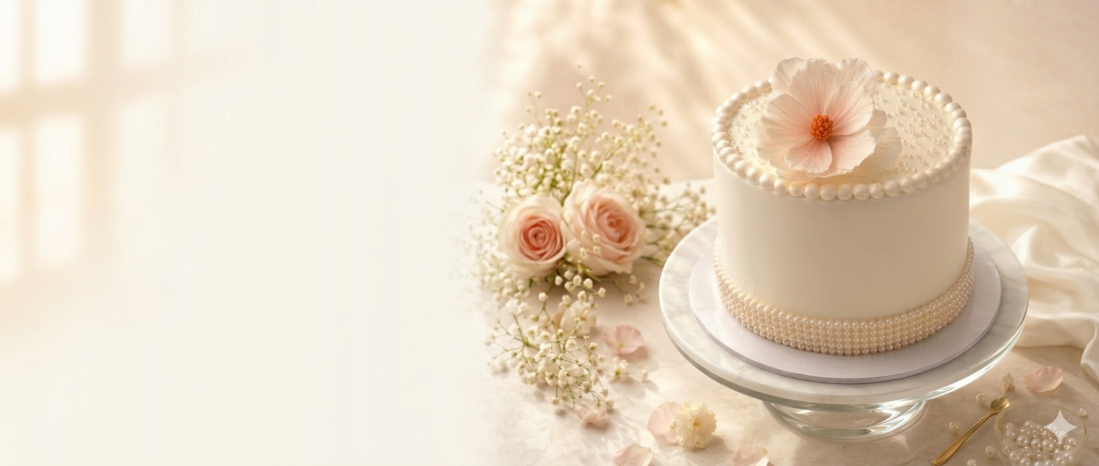 Ivory single-tier cake with pearl border and pink bloom
